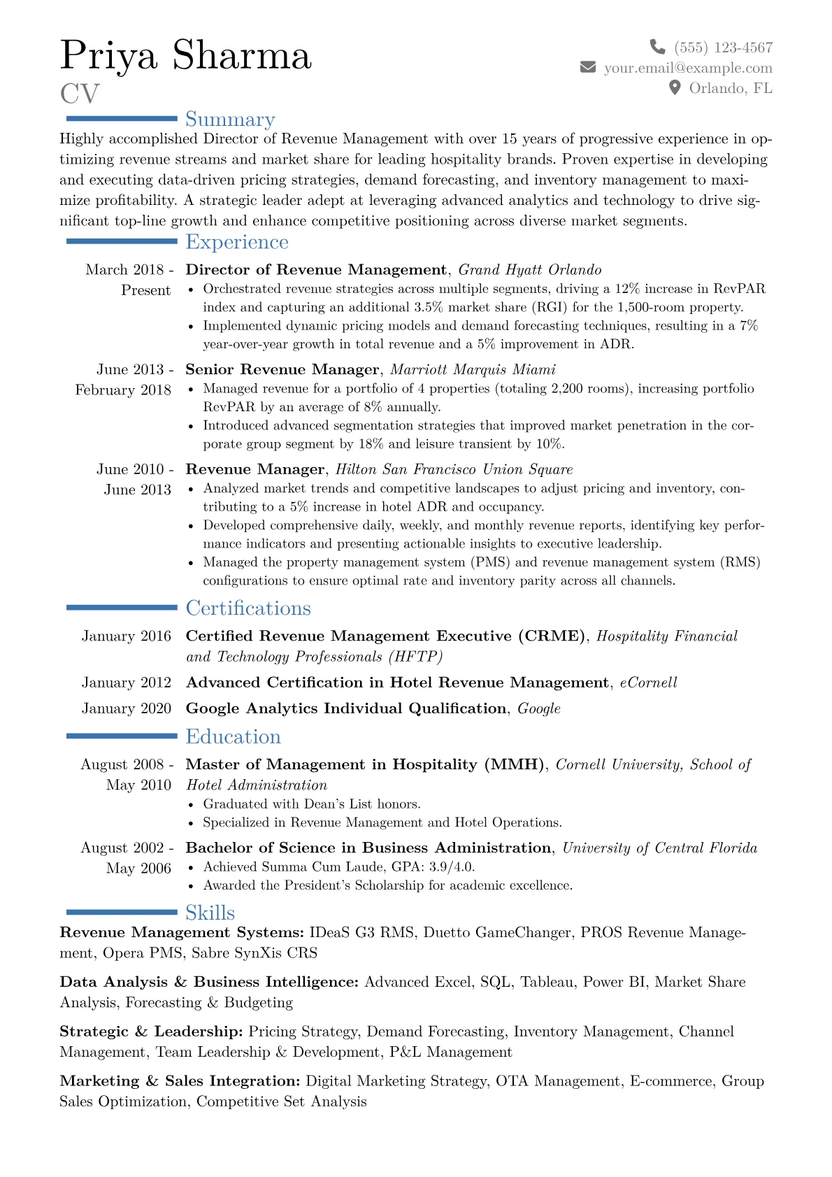 Director of Revenue Management Resume Example CV template - Page 1