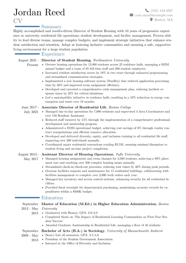Director of Student Housing Resume Example CV template preview