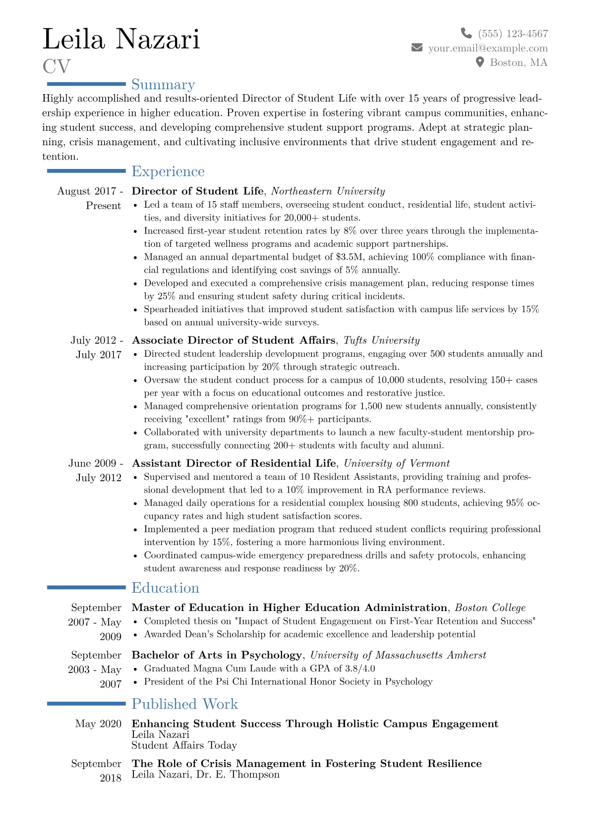 Director of Student Life Resume Example CV template - Page 1