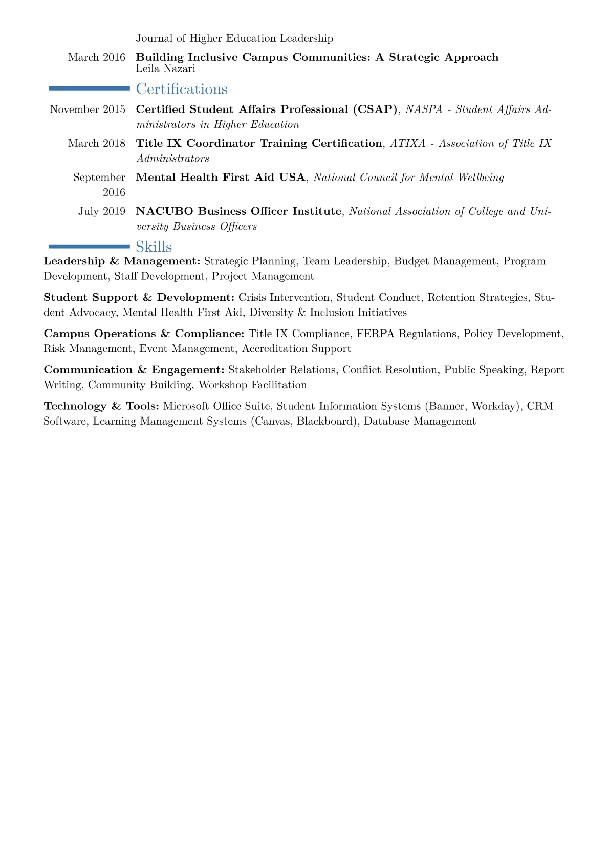 Director of Student Life Resume Example CV template - Page 2