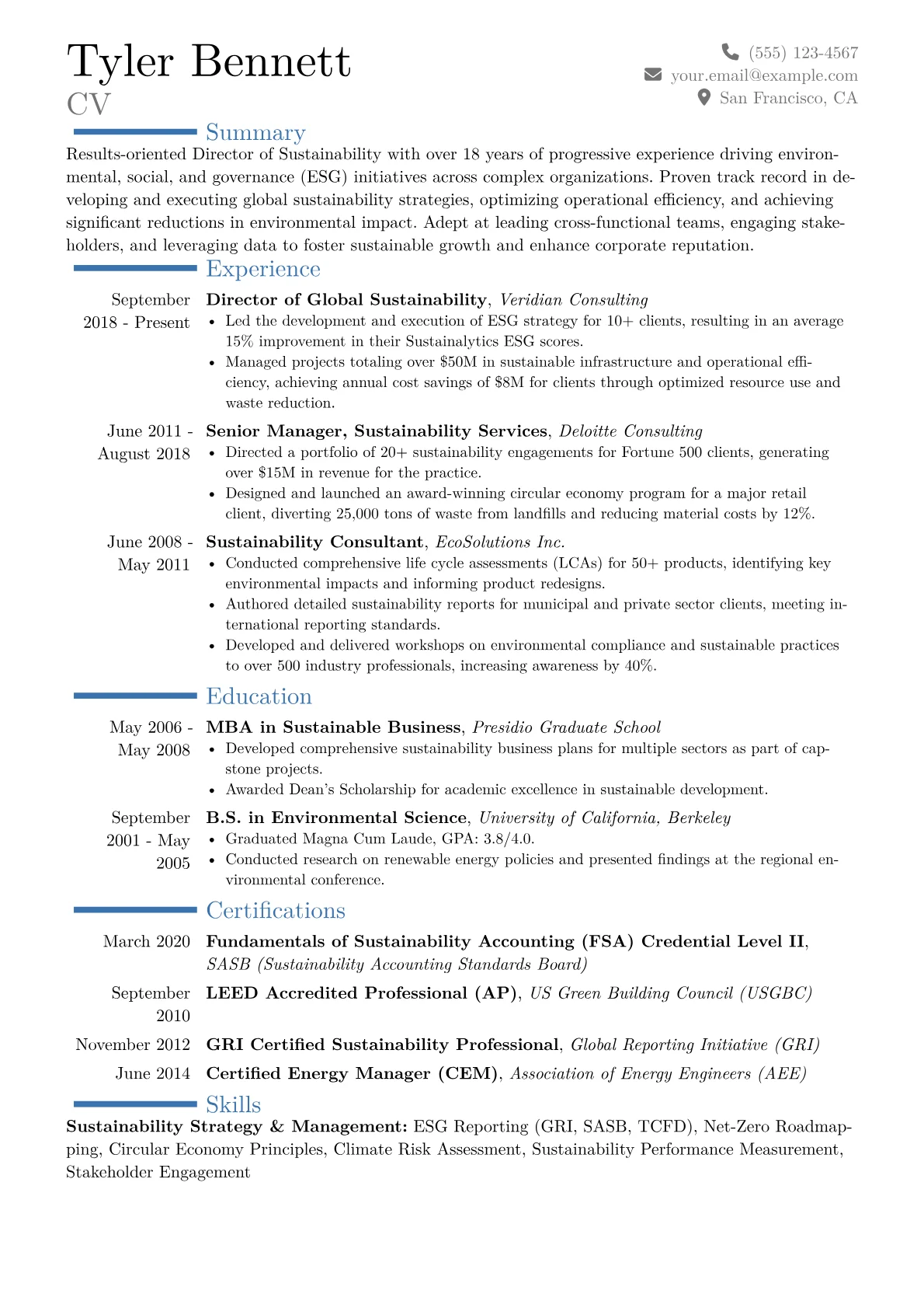 Director of Sustainability Resume Example CV template - Page 1