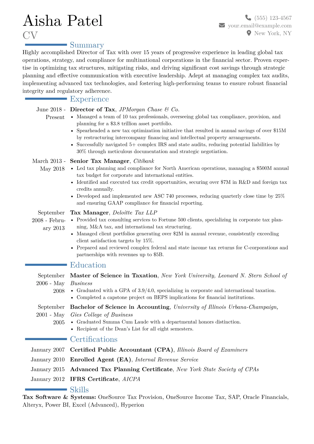 Director of Tax Resume Example CV template - Page 1