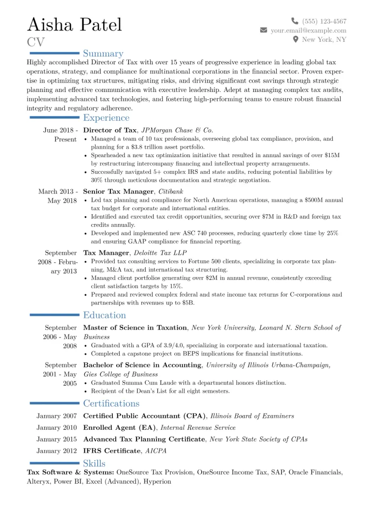 Director of Tax Resume Example CV template preview