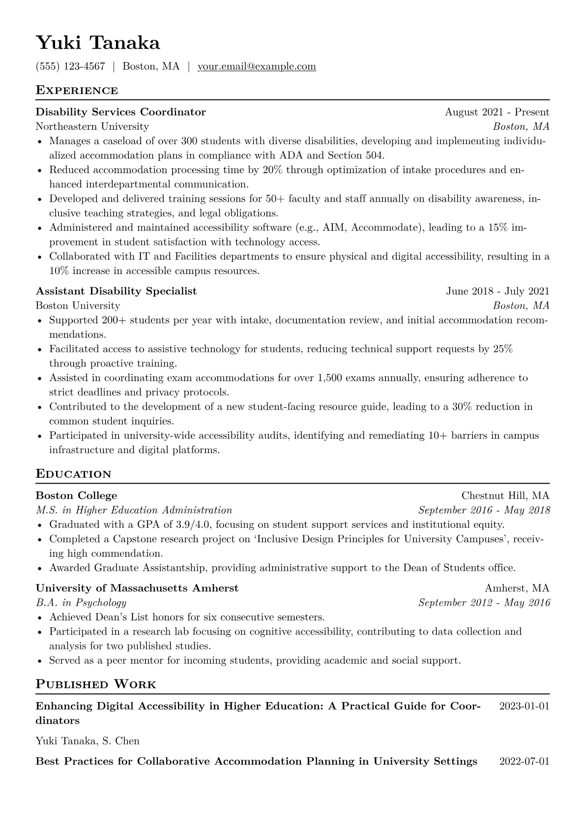 Disability Services Coordinator Resume Example CV template - Page 1