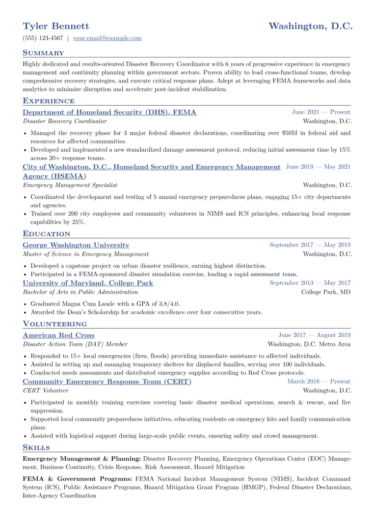 Disaster Recovery Coordinator Resume Example CV template preview