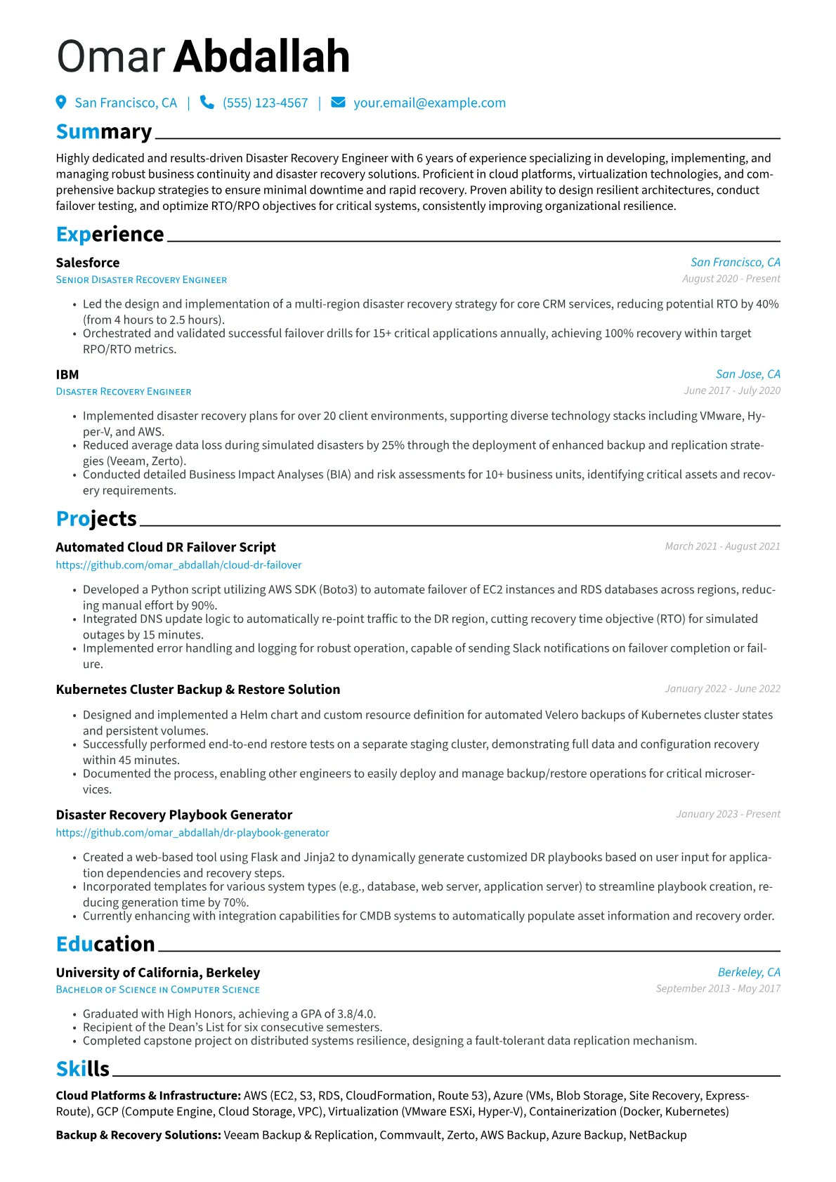 Disaster Recovery Engineer Resume Example CV template - Page 1