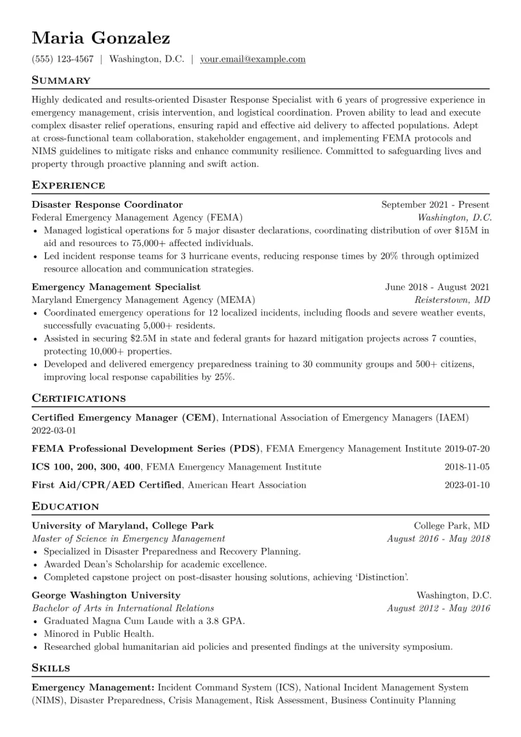 Disaster Response Specialist Resume Example CV template preview