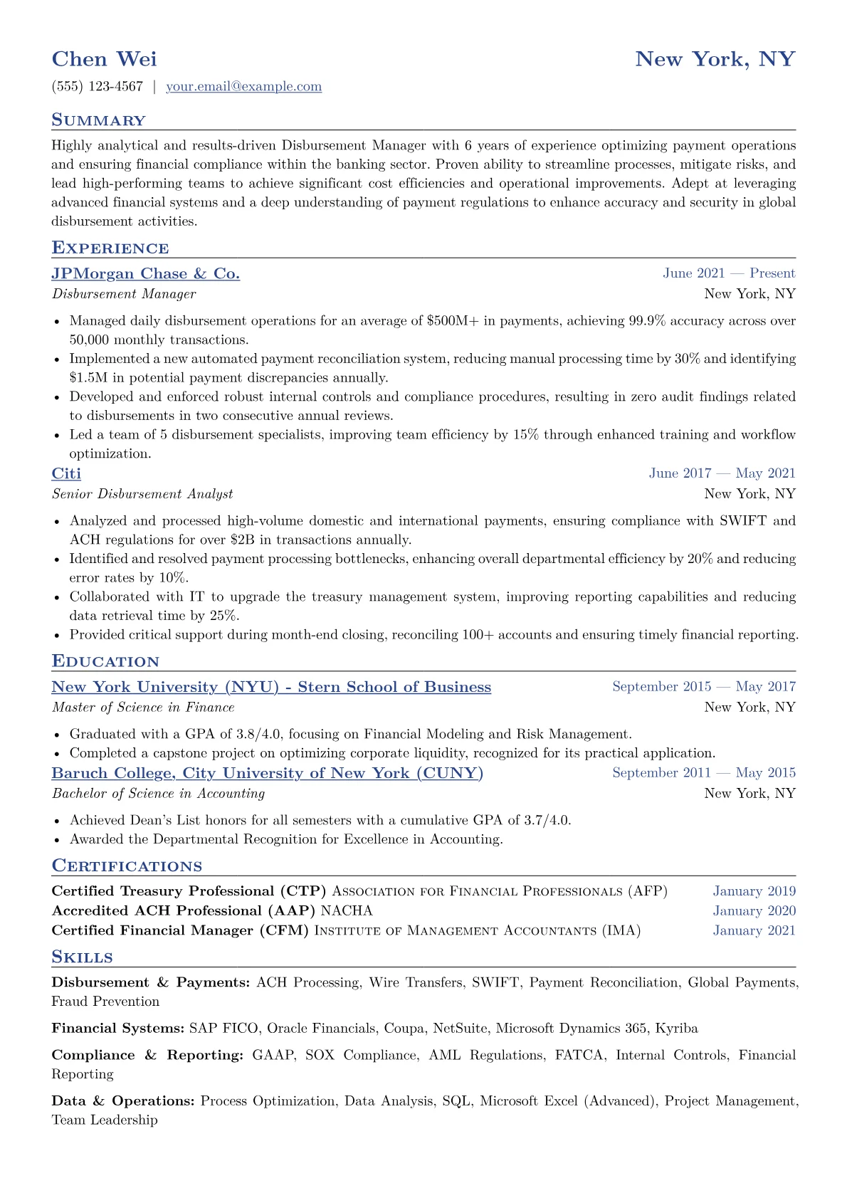 Disbursement Manager Resume Example CV template - Page 1
