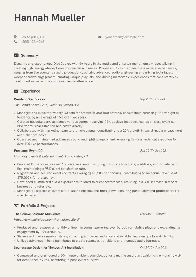 Disc Jockey Resume Example CV template preview