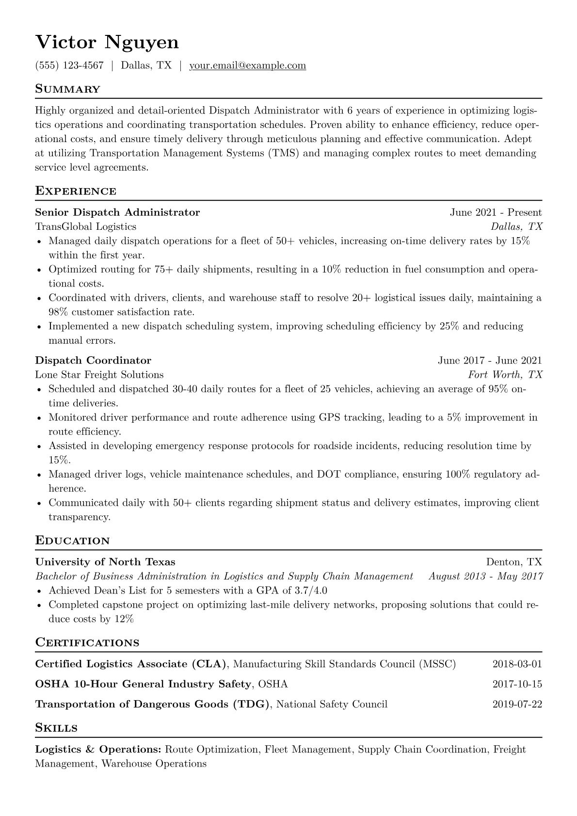 Dispatch Administrator Resume Example CV template - Page 1
