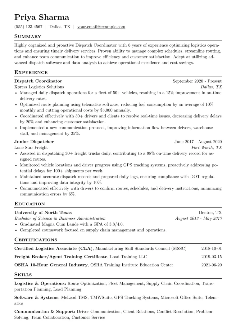 Dispatch Coordinator Resume Example CV template preview