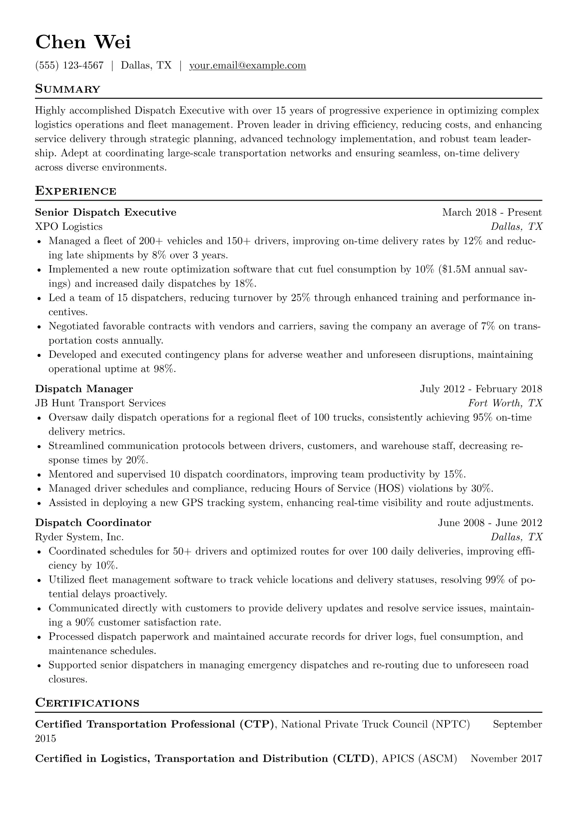 Dispatch Executive Resume Example CV template - Page 1