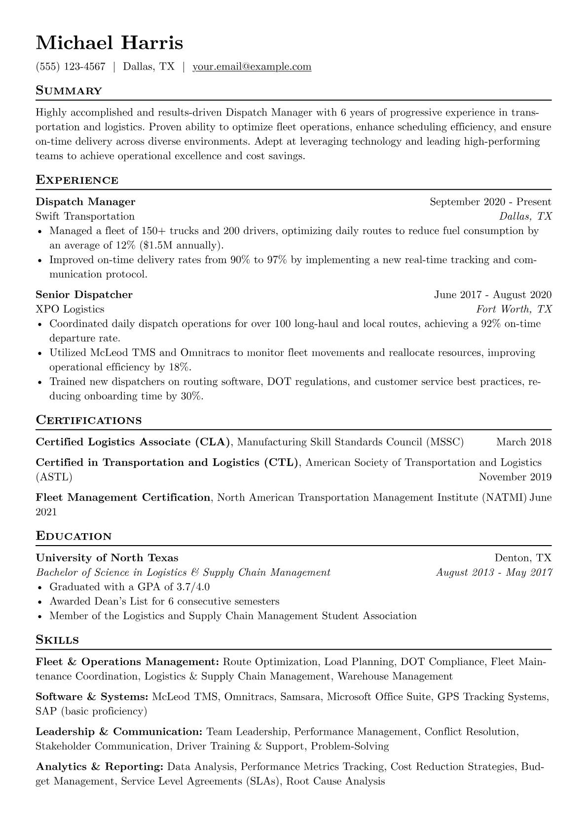 Dispatch Manager Resume Example CV template - Page 1