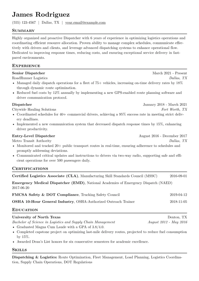 Dispatcher Resume Example CV template preview