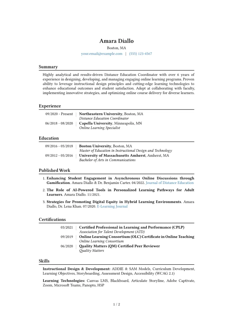 Distance Education Coordinator Resume Example CV template preview