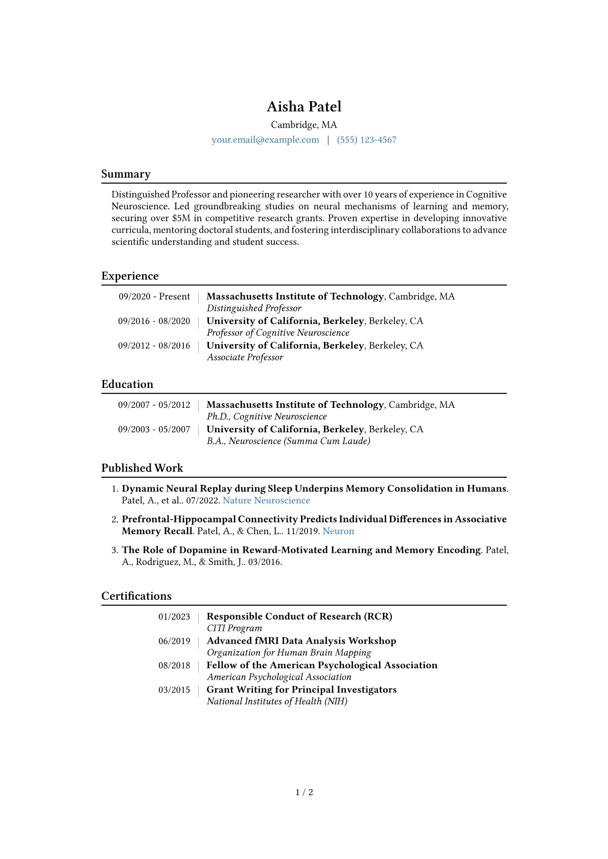 Distinguished Professor Resume Example CV template - Page 1