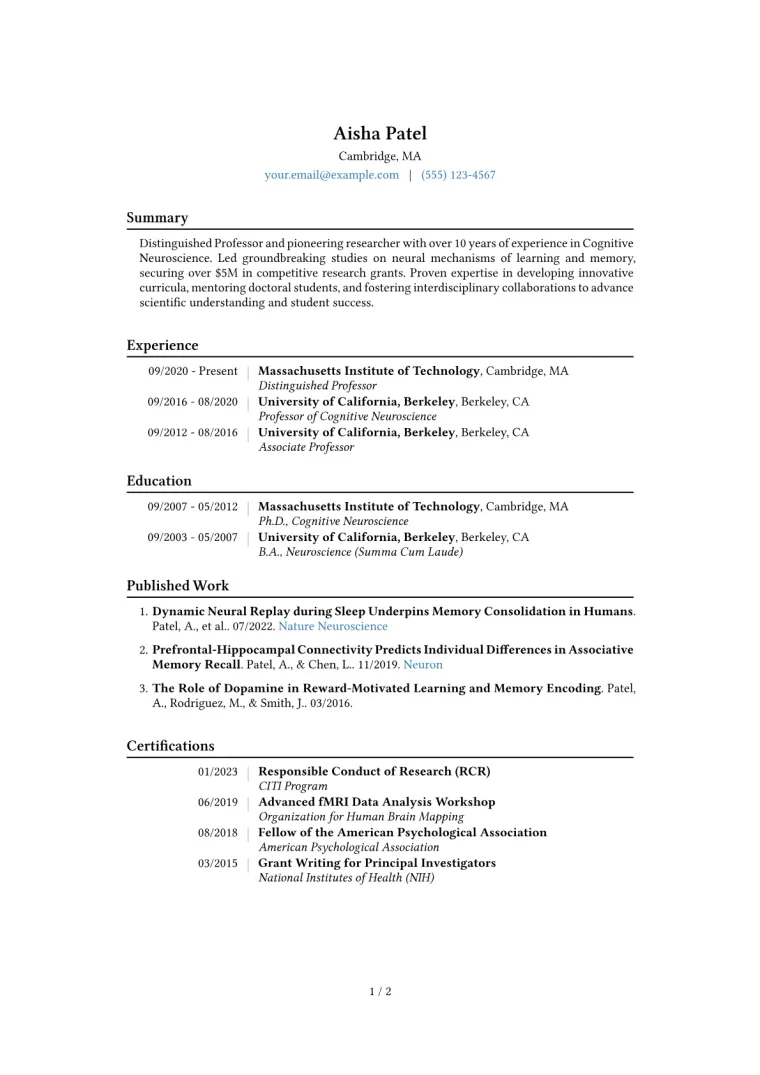 Distinguished Professor Resume Example CV template preview