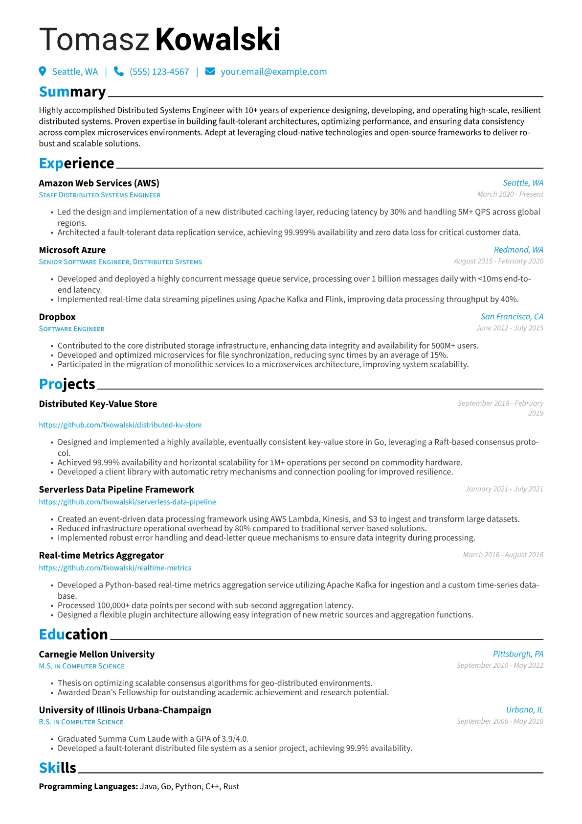 Distributed Systems Engineer Resume Example CV template - Page 1