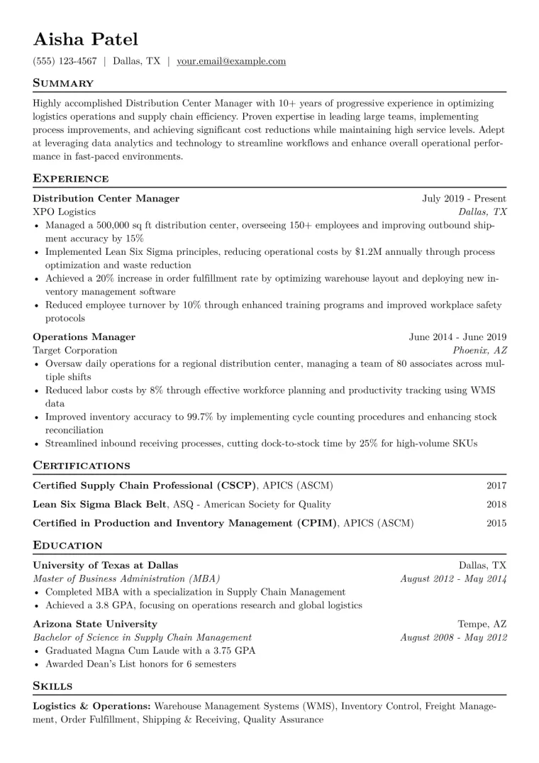 Distribution Center Manager Resume Example CV template preview