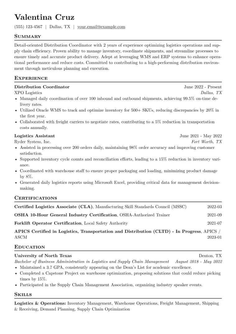 Distribution Coordinator Resume Example CV template preview