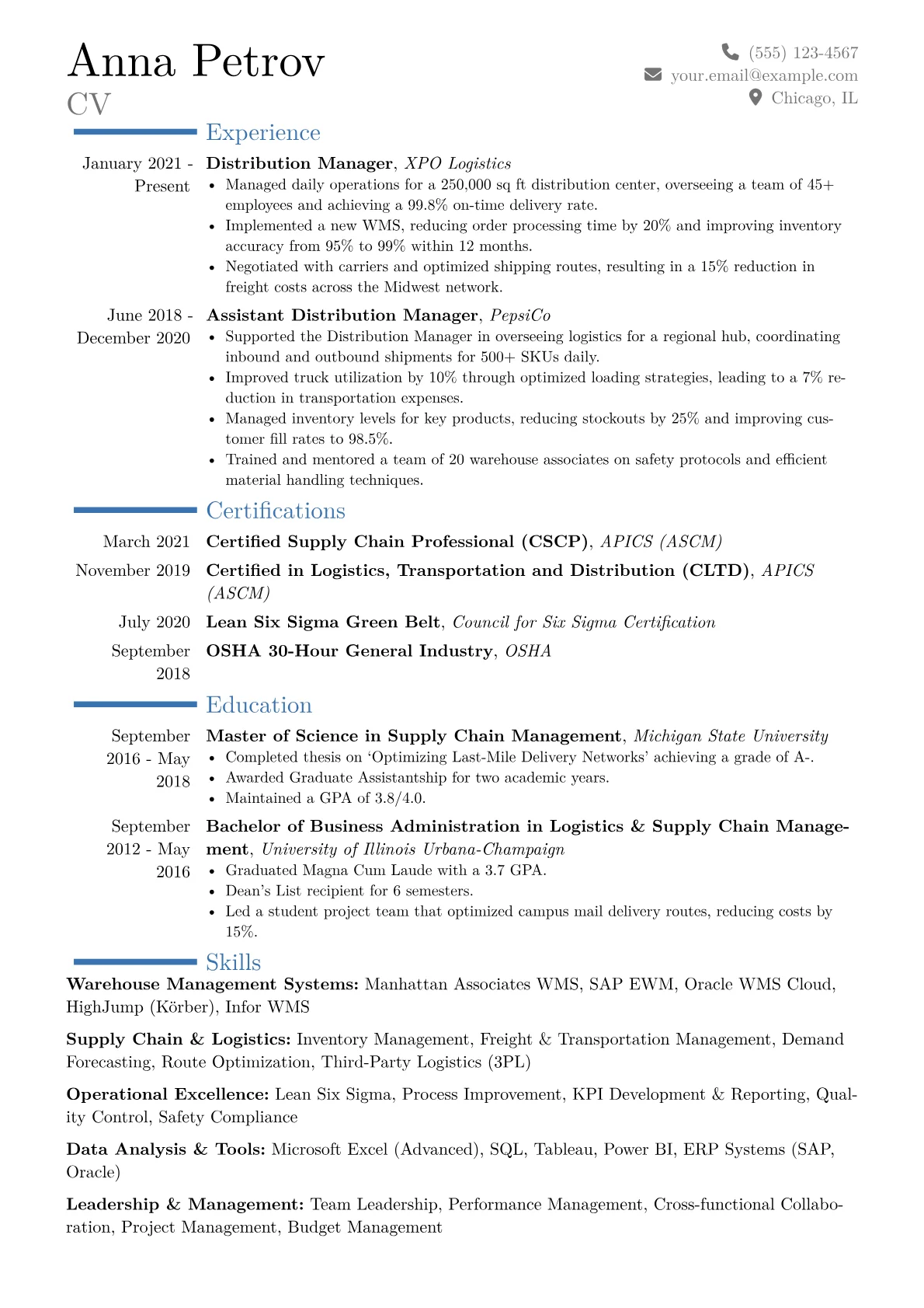 Distribution Manager Resume Example CV template - Page 1