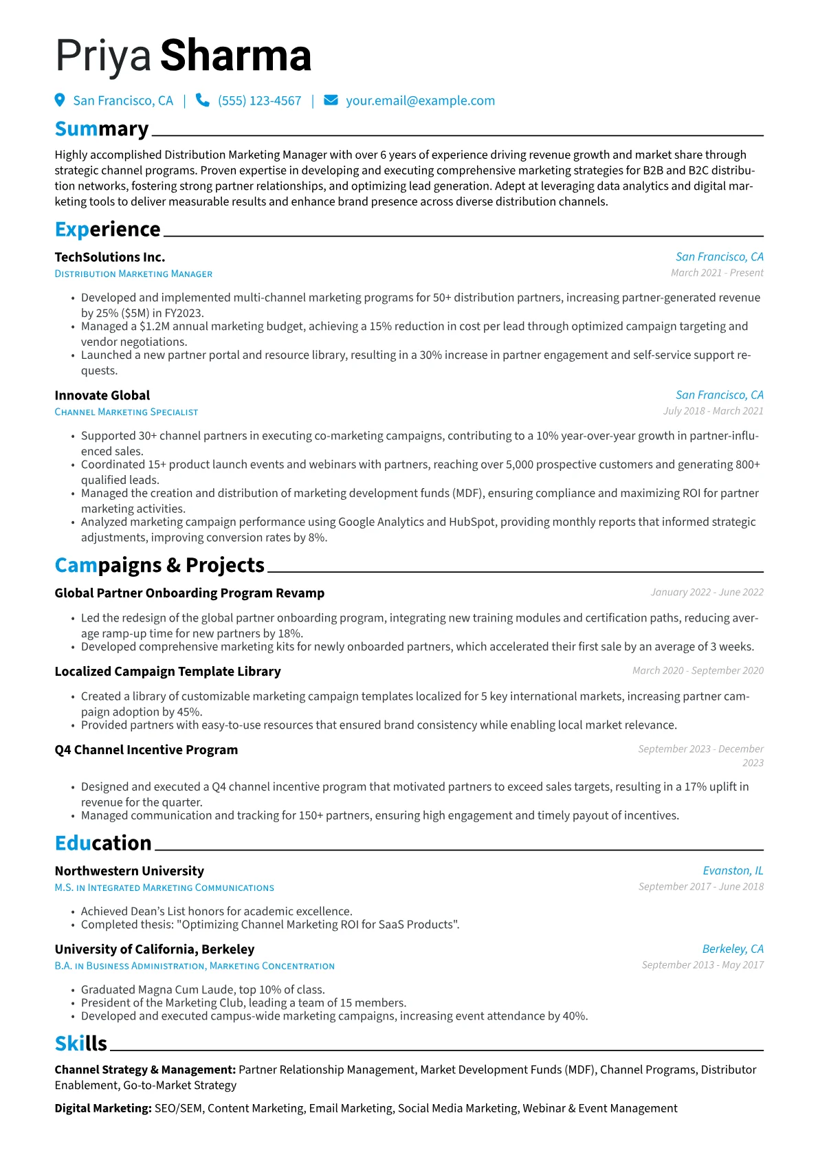 Distribution Marketing Manager Resume Example CV template - Page 1