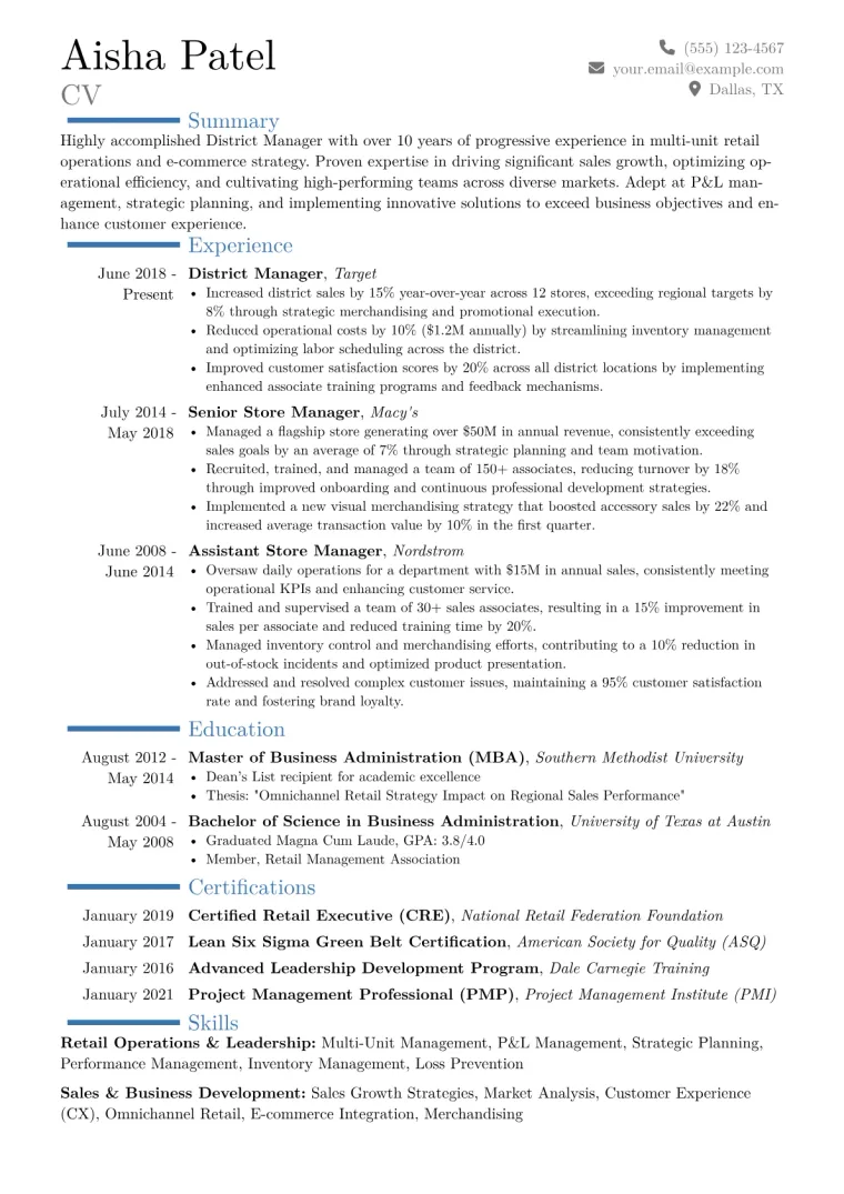 District Manager Resume Example