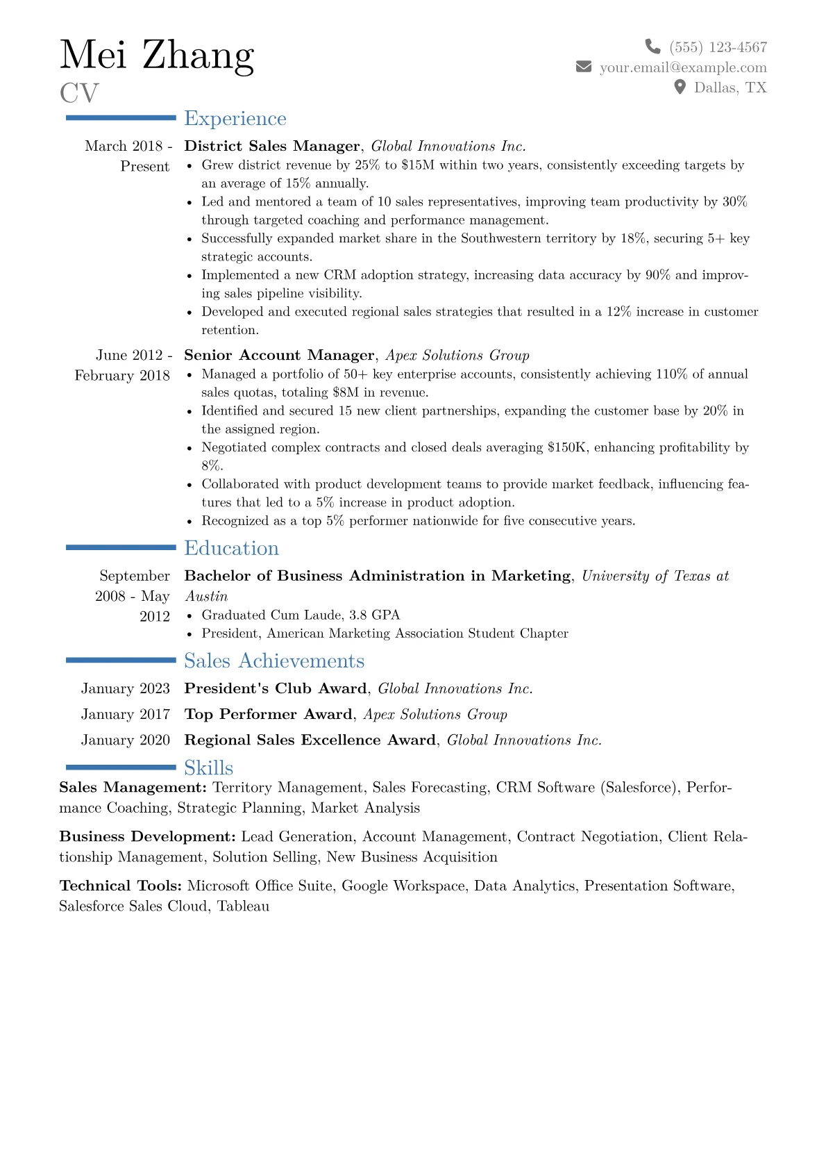 District Sales Manager Resume Example CV template - Page 1