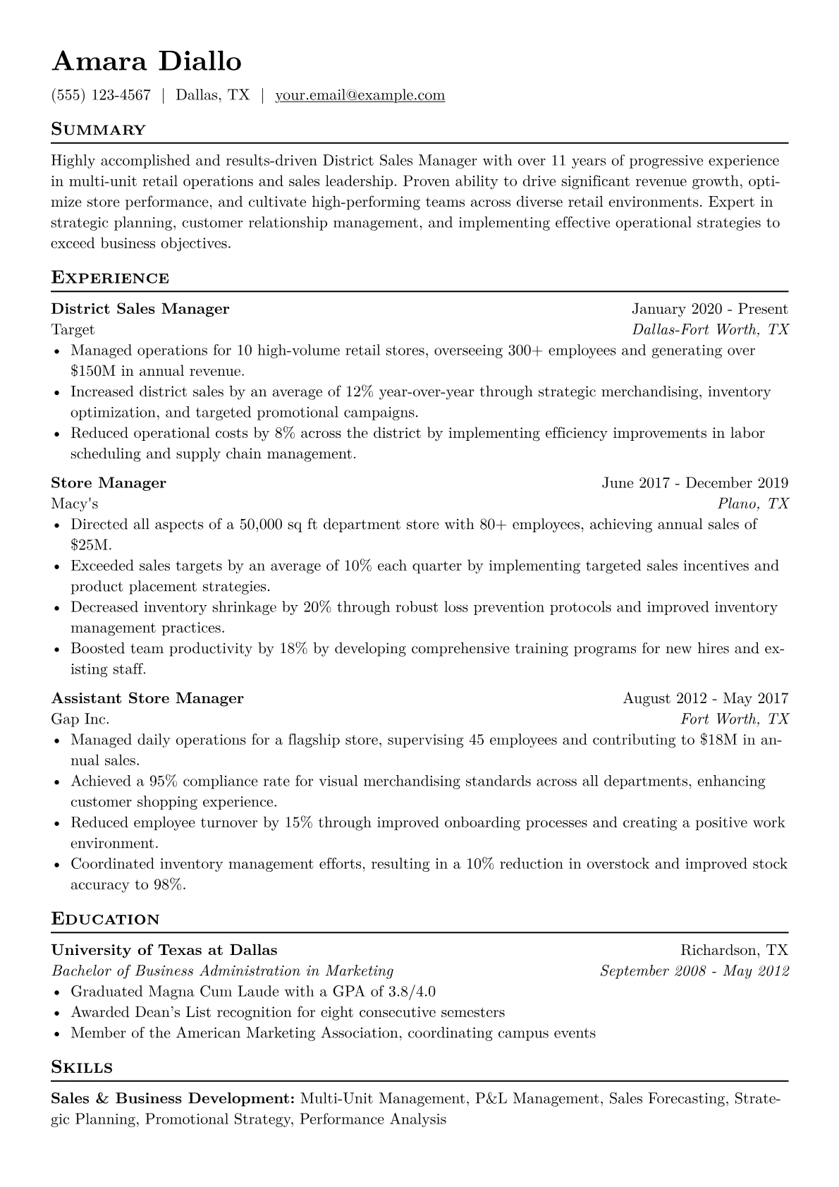 District Sales Manager Retail Resume Example CV template - Page 1