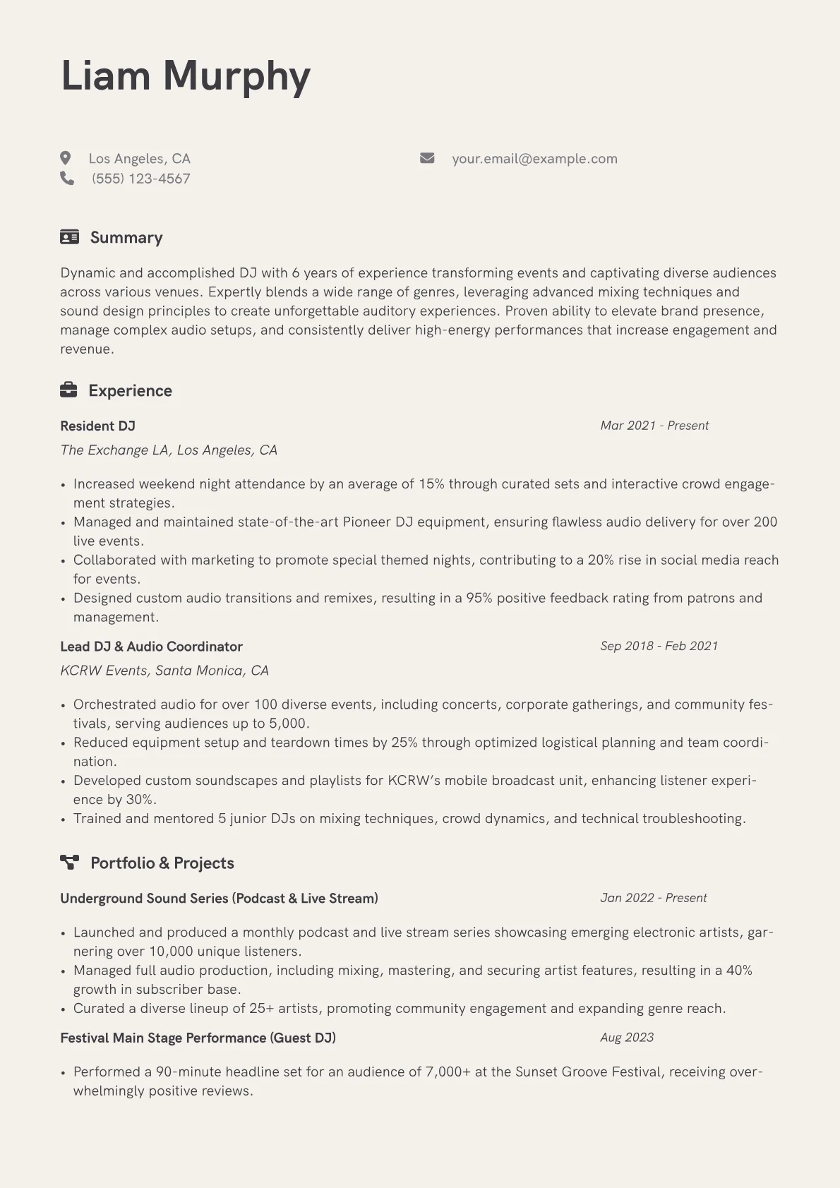 DJ Resume Example CV template - Page 1