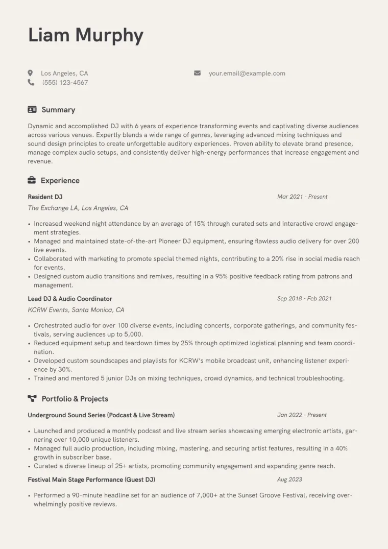 DJ Resume Example CV template preview