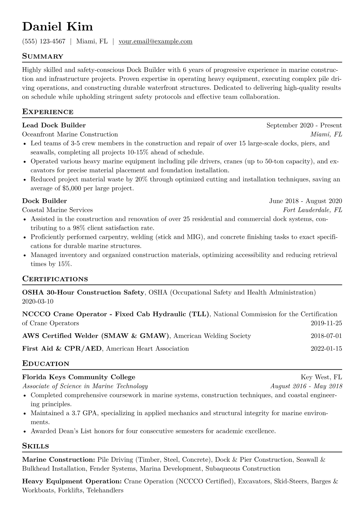 Dock Builder Resume Example CV template - Page 1