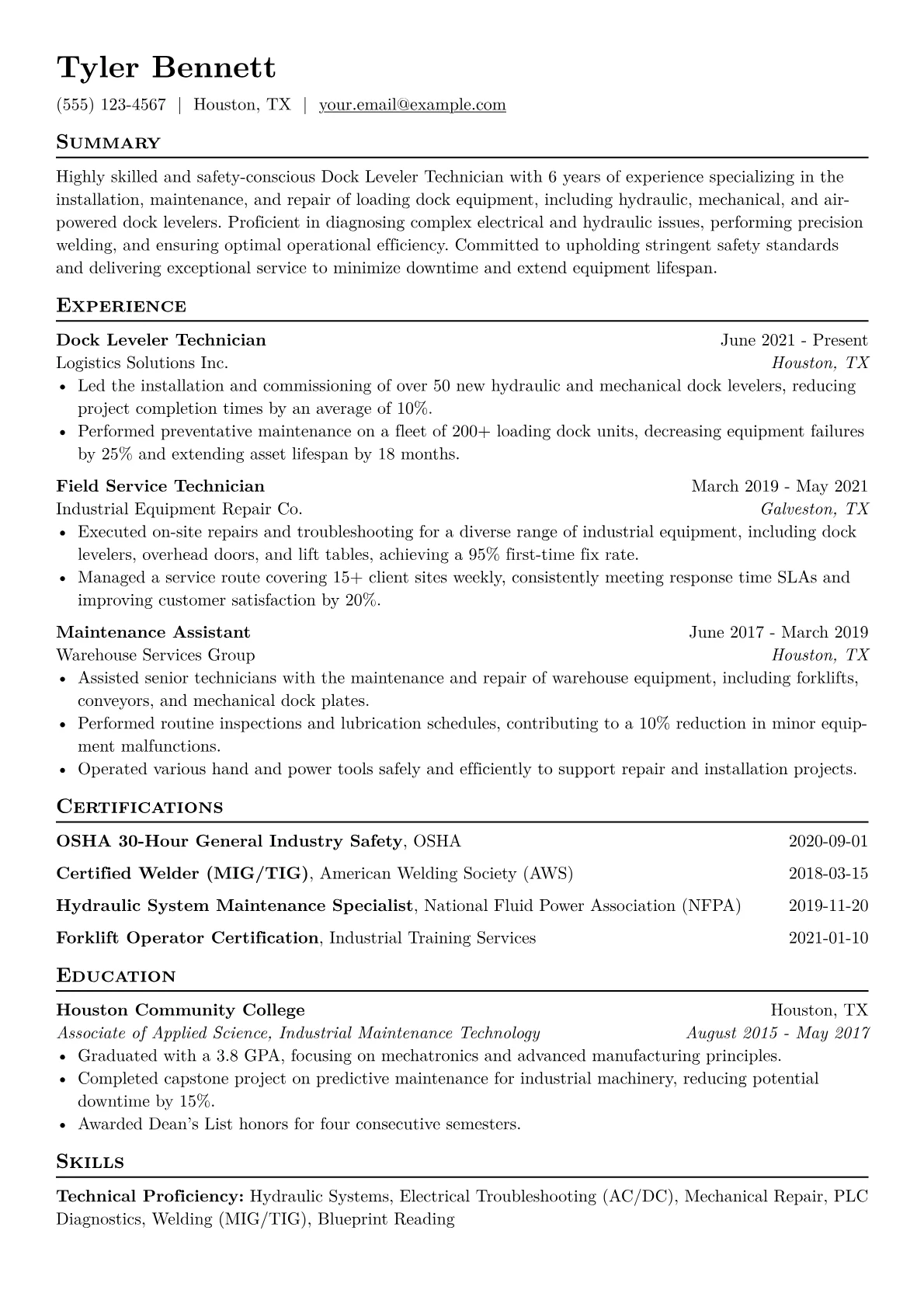 Dock Leveler Technician Resume Example CV template - Page 1