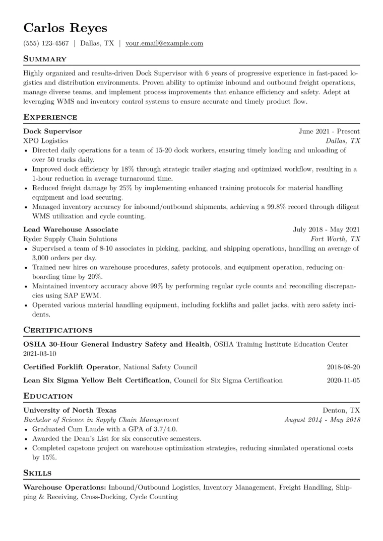 Dock Supervisor Resume Example CV template preview