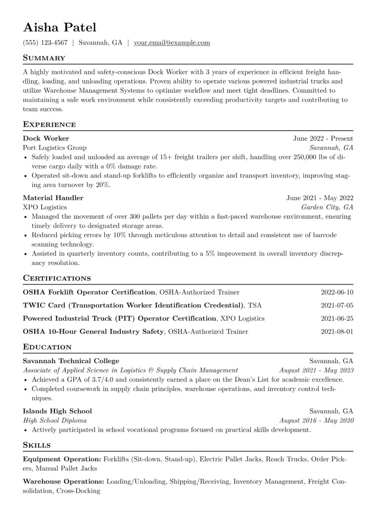 Dock Worker Resume Example CV template preview