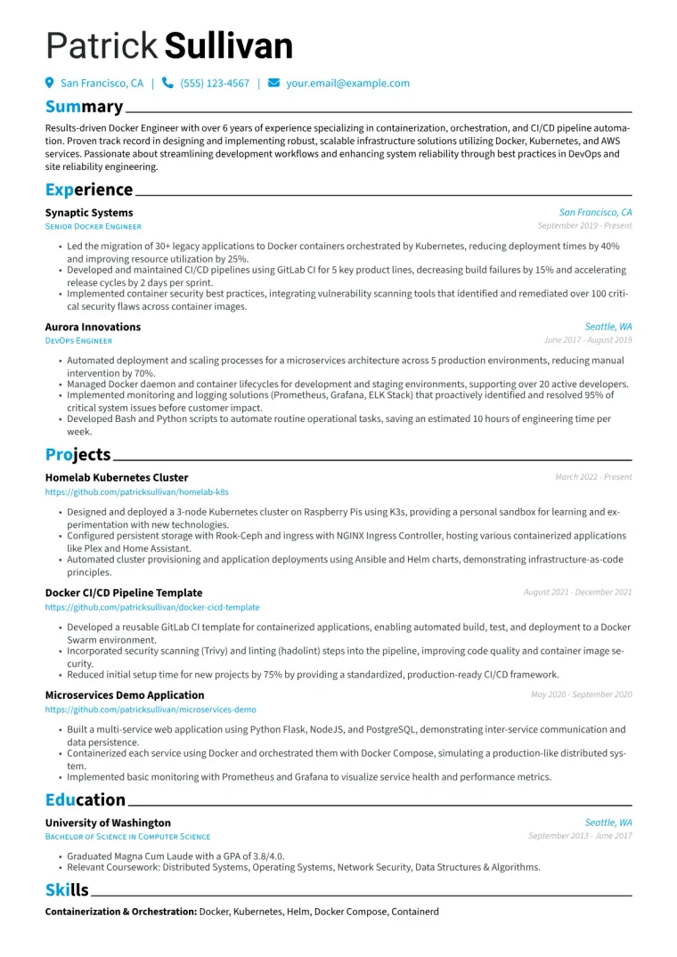 Docker Engineer Resume Example CV template preview