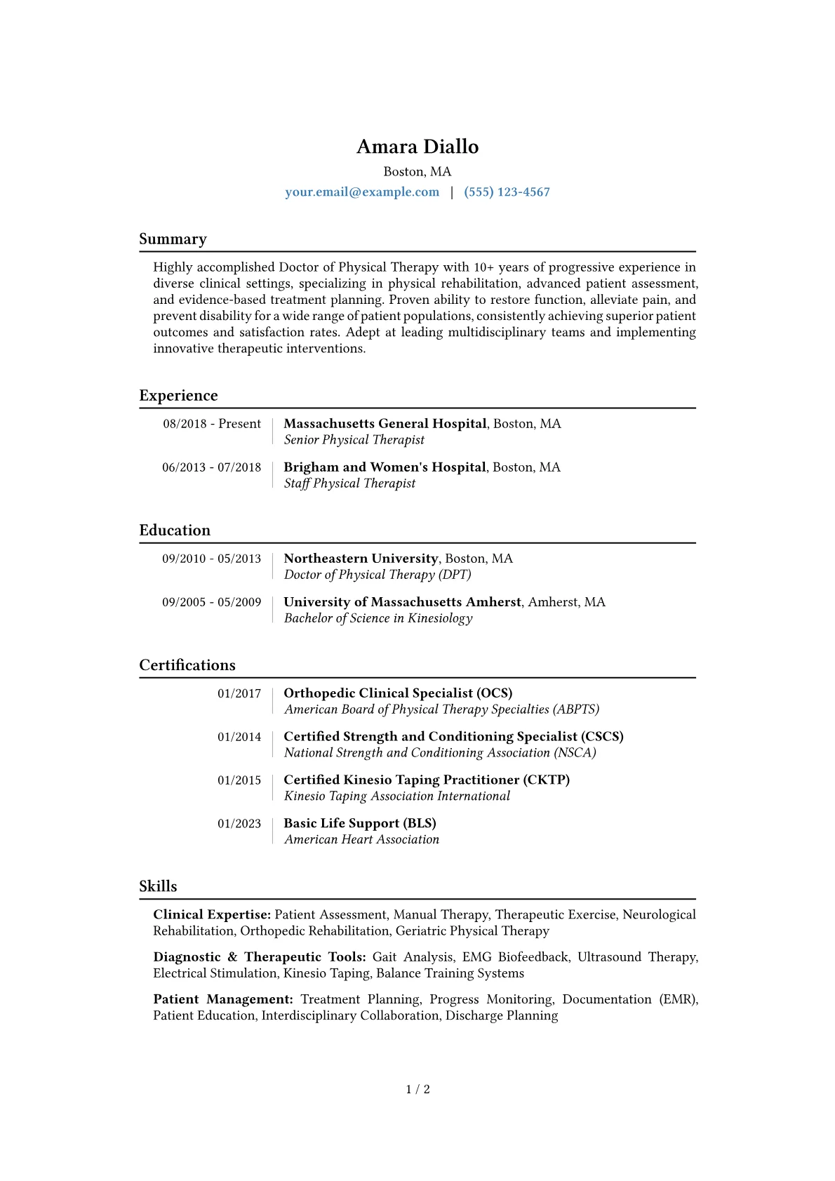 Doctor of Physical Therapy Resume Example CV template - Page 1