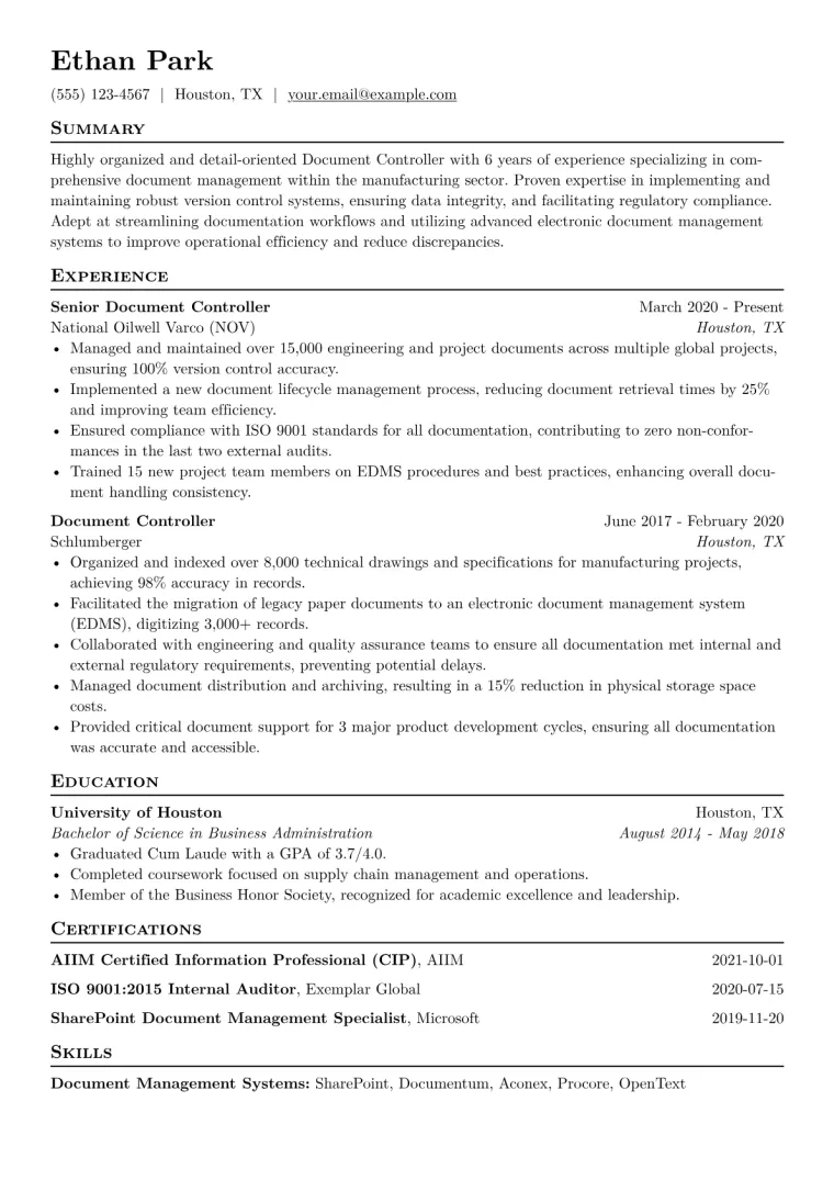 Document Controller Resume Example