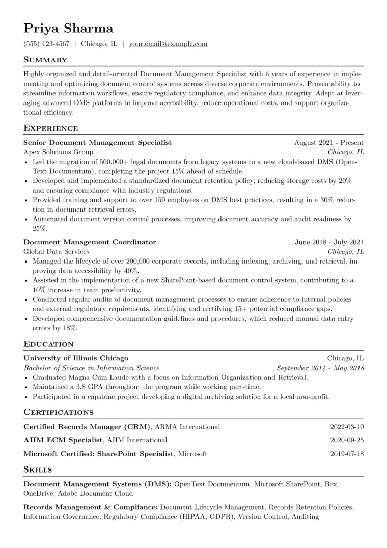 Document Management Specialist Resume Example CV template preview