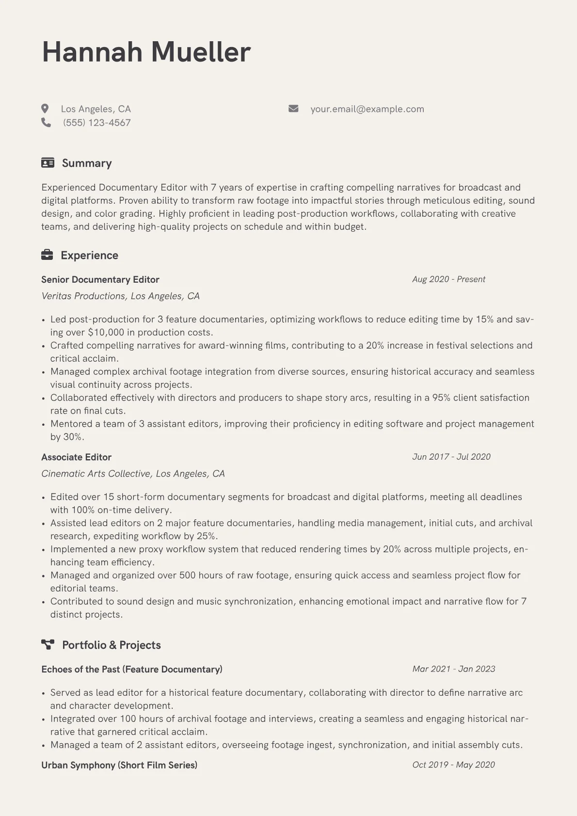 Documentary Editor Resume Example CV template - Page 1