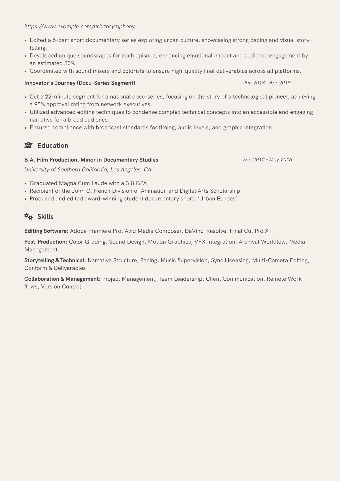 Documentary Editor Resume Example CV template - Page 2