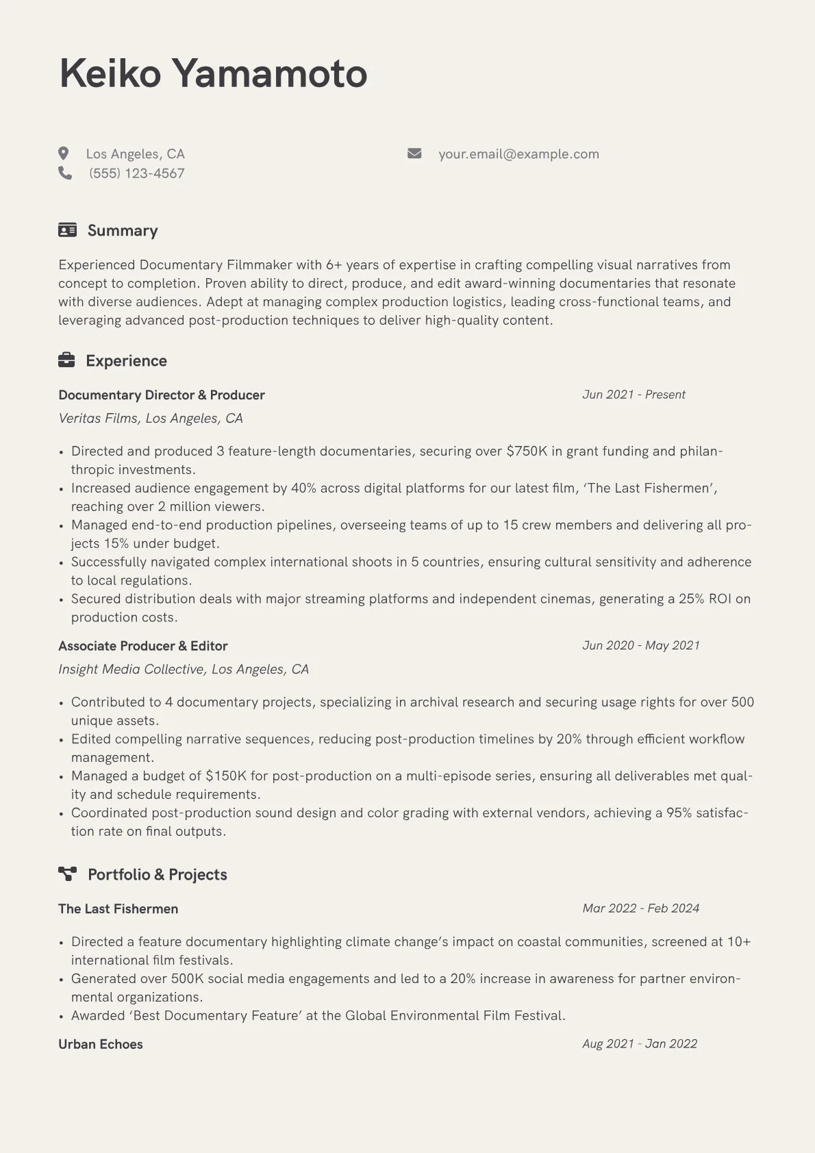 Documentary Filmmaker Resume Example CV template - Page 1