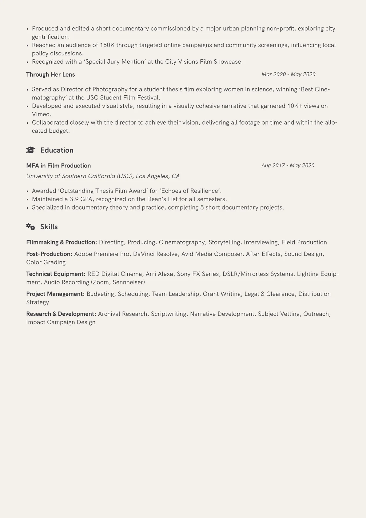 Documentary Filmmaker Resume Example CV template - Page 2