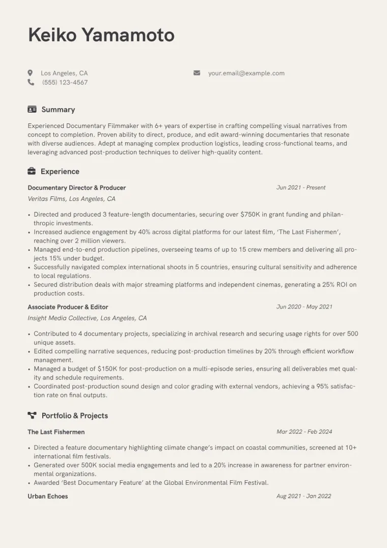 Documentary Filmmaker Resume Example CV template preview