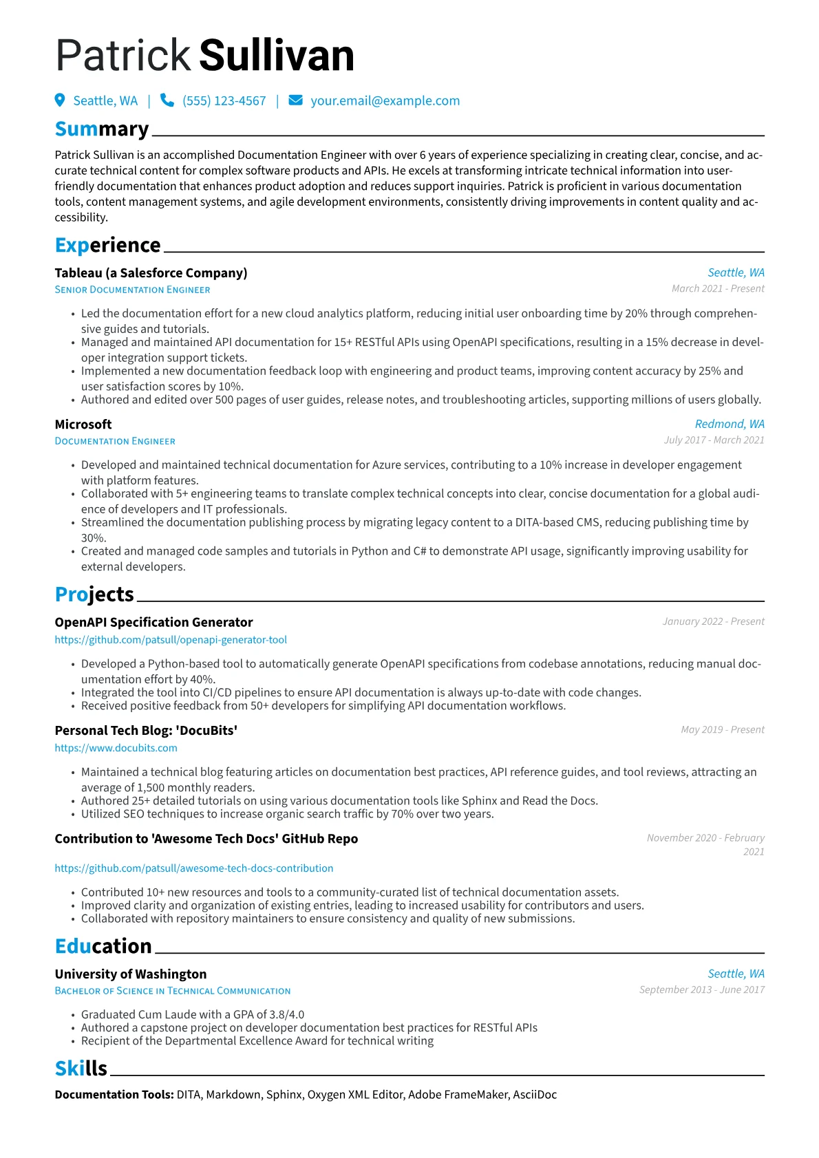 Documentation Engineer Resume Example CV template - Page 1