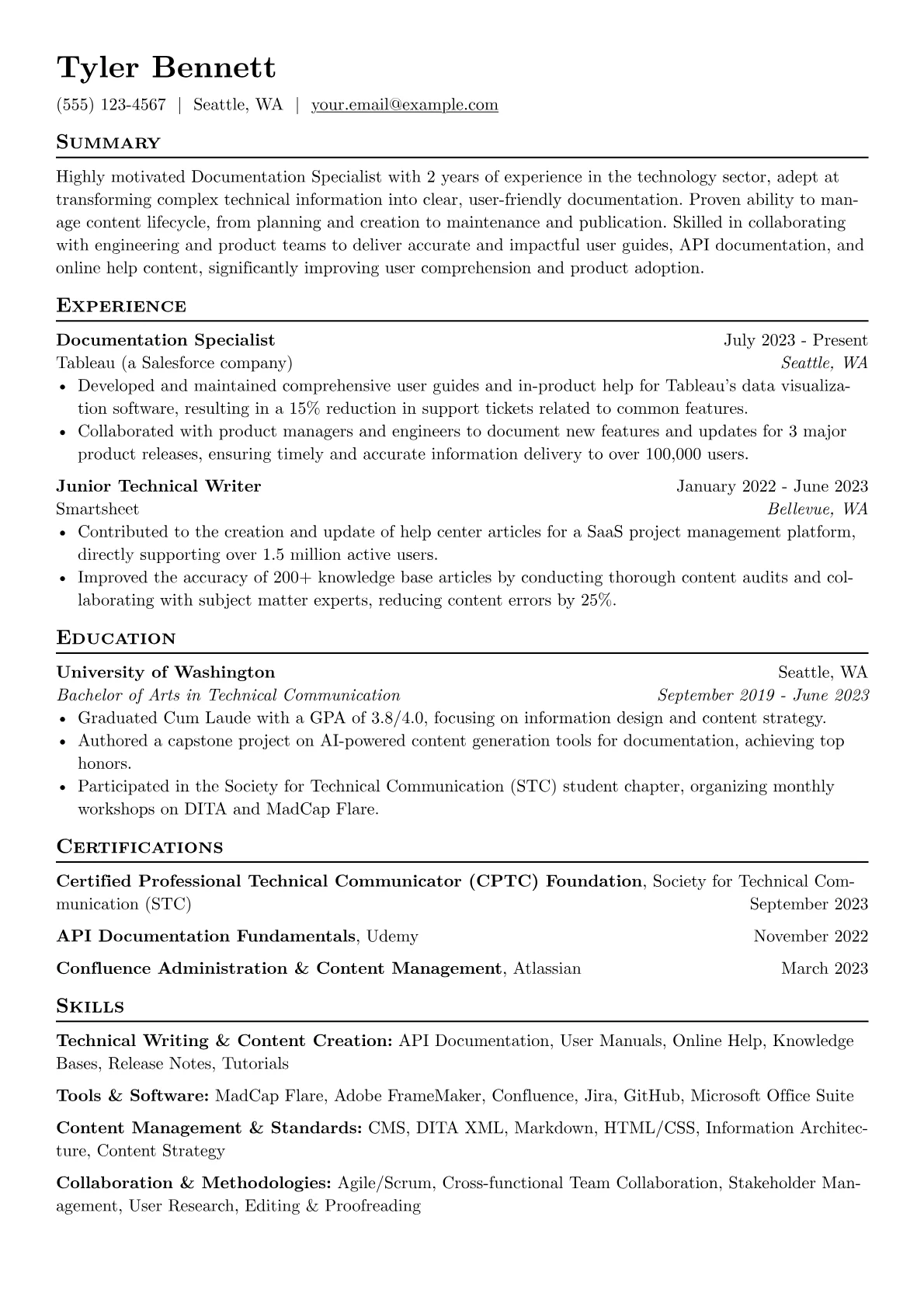 Documentation Specialist Resume Example CV template - Page 1