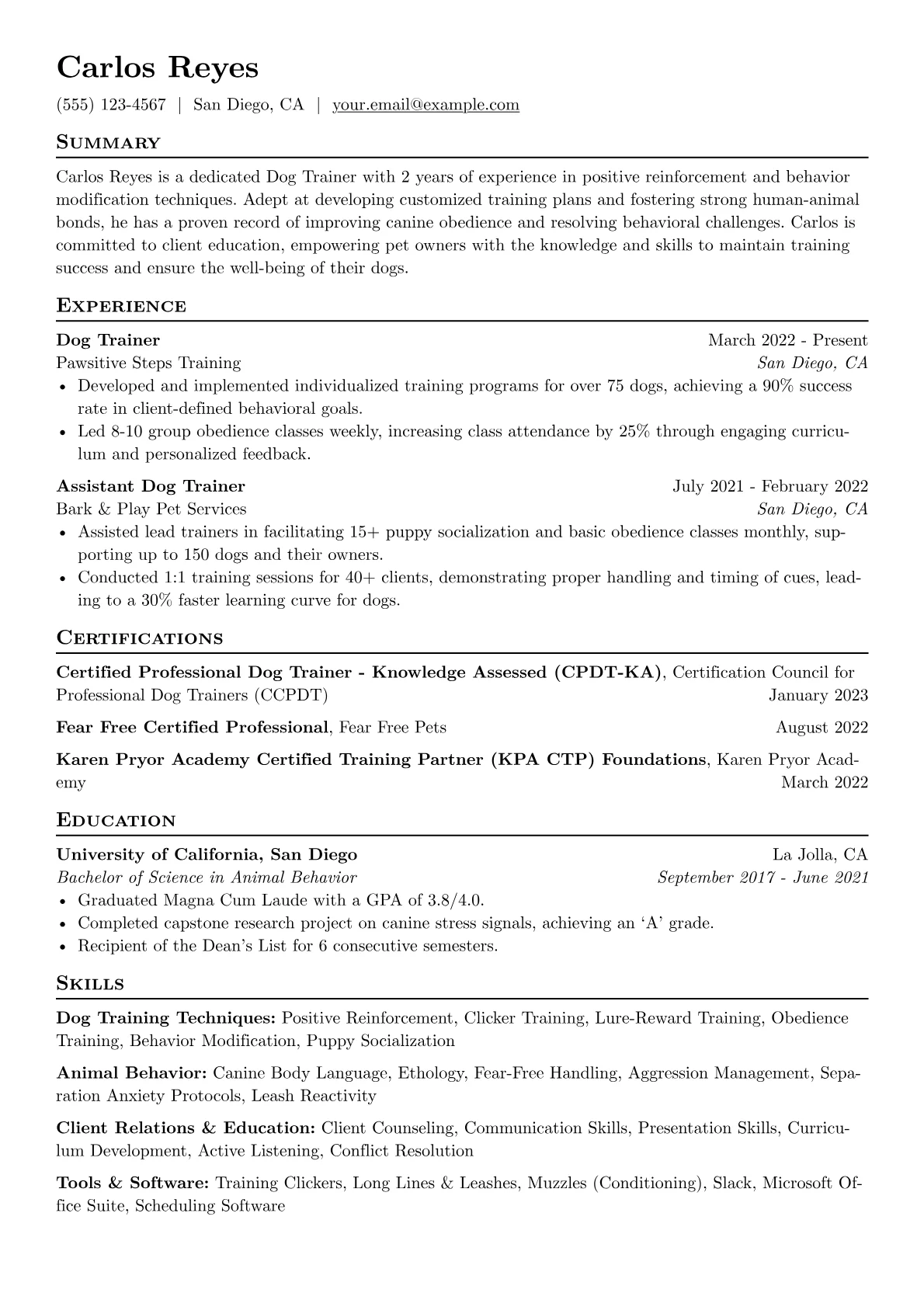 Dog Trainer Resume Example CV template - Page 1