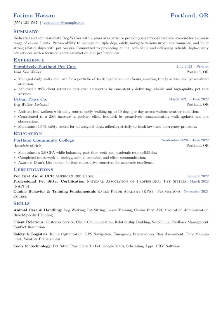 Dog Walker Resume Example CV template preview