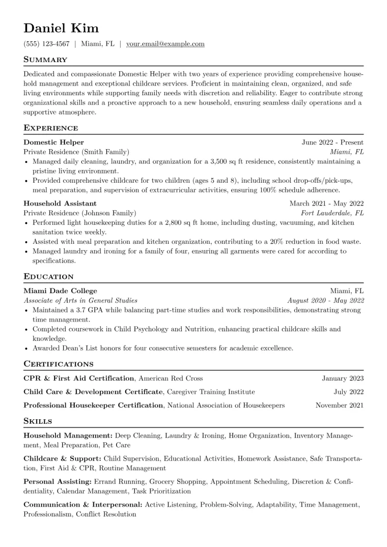 Domestic Helper Resume Example CV template preview