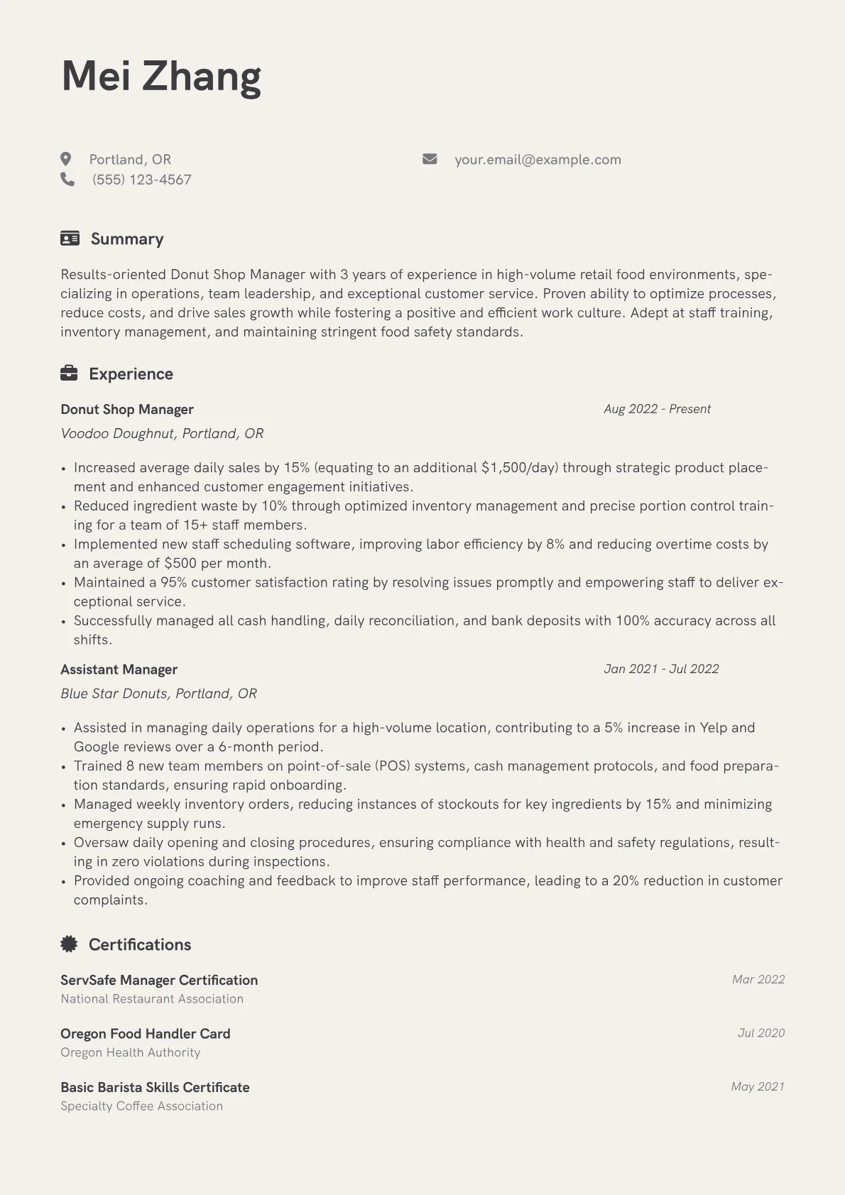 Donut Shop Manager Resume Example CV template - Page 1